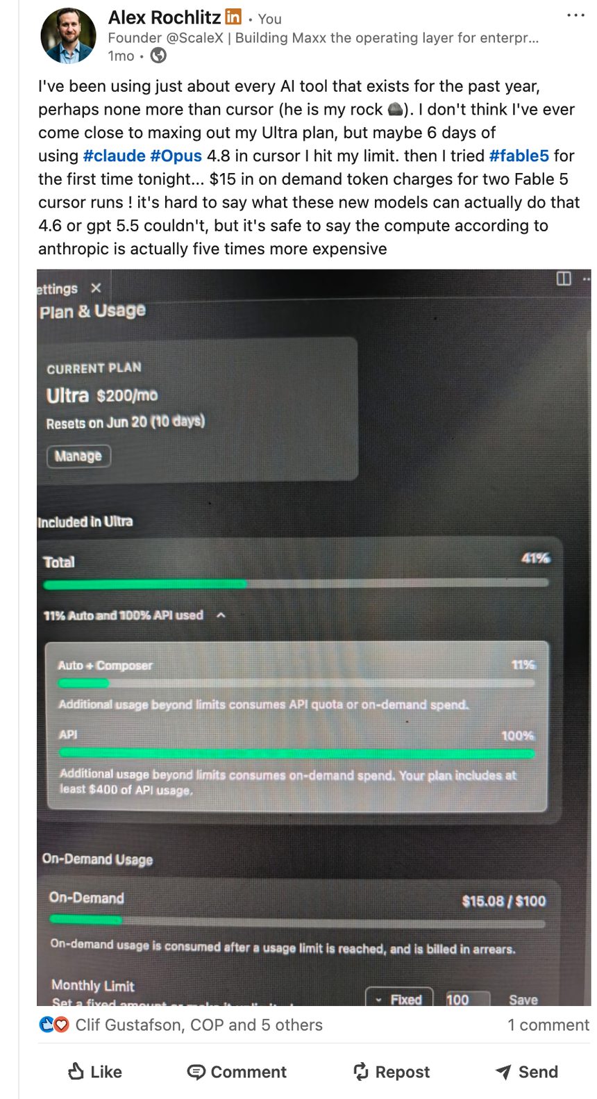 Alex's LinkedIn post from June 2026, delighted about hitting his Cursor usage limit for the first time and paying $15 in on-demand charges for two Fable 5 runs