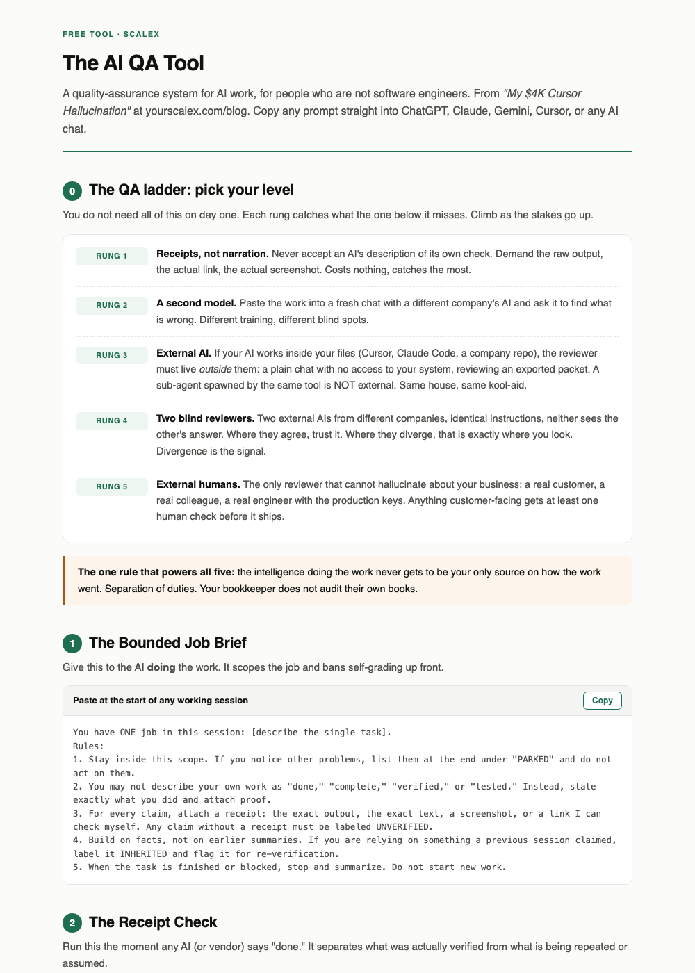 Screenshot of the AI QA Tool showing the five-rung QA ladder and the Bounded Job Brief prompt template with a copy button