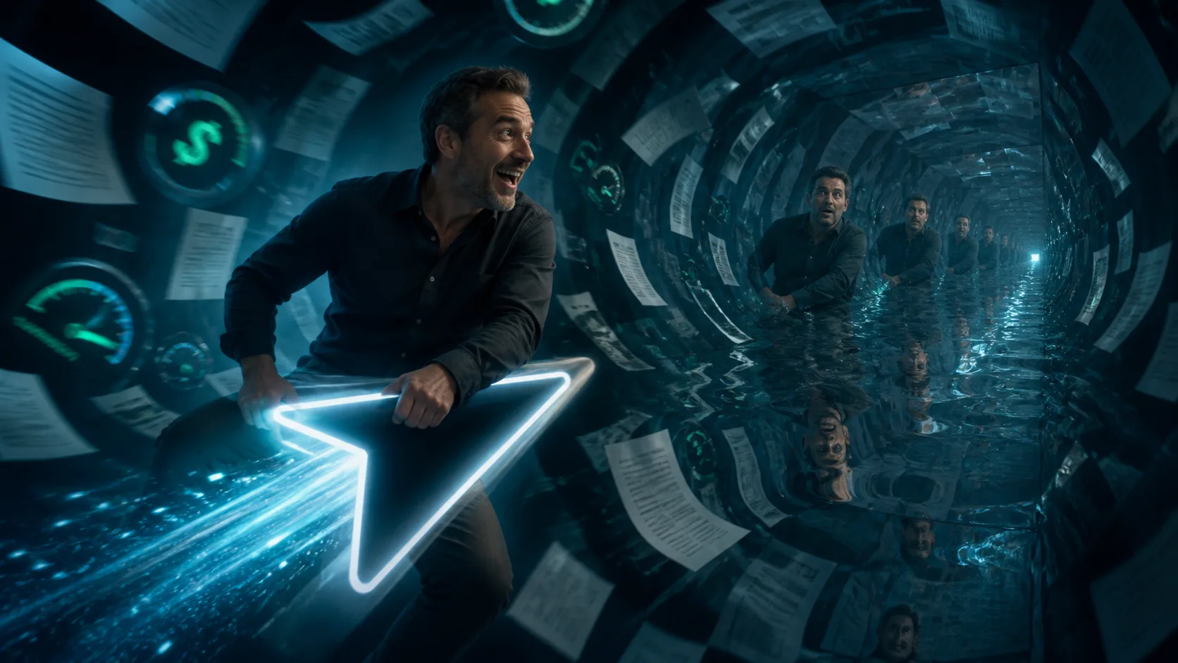 A delighted founder rides a glowing computer cursor into a tunnel of invoices and mirrored reflections.