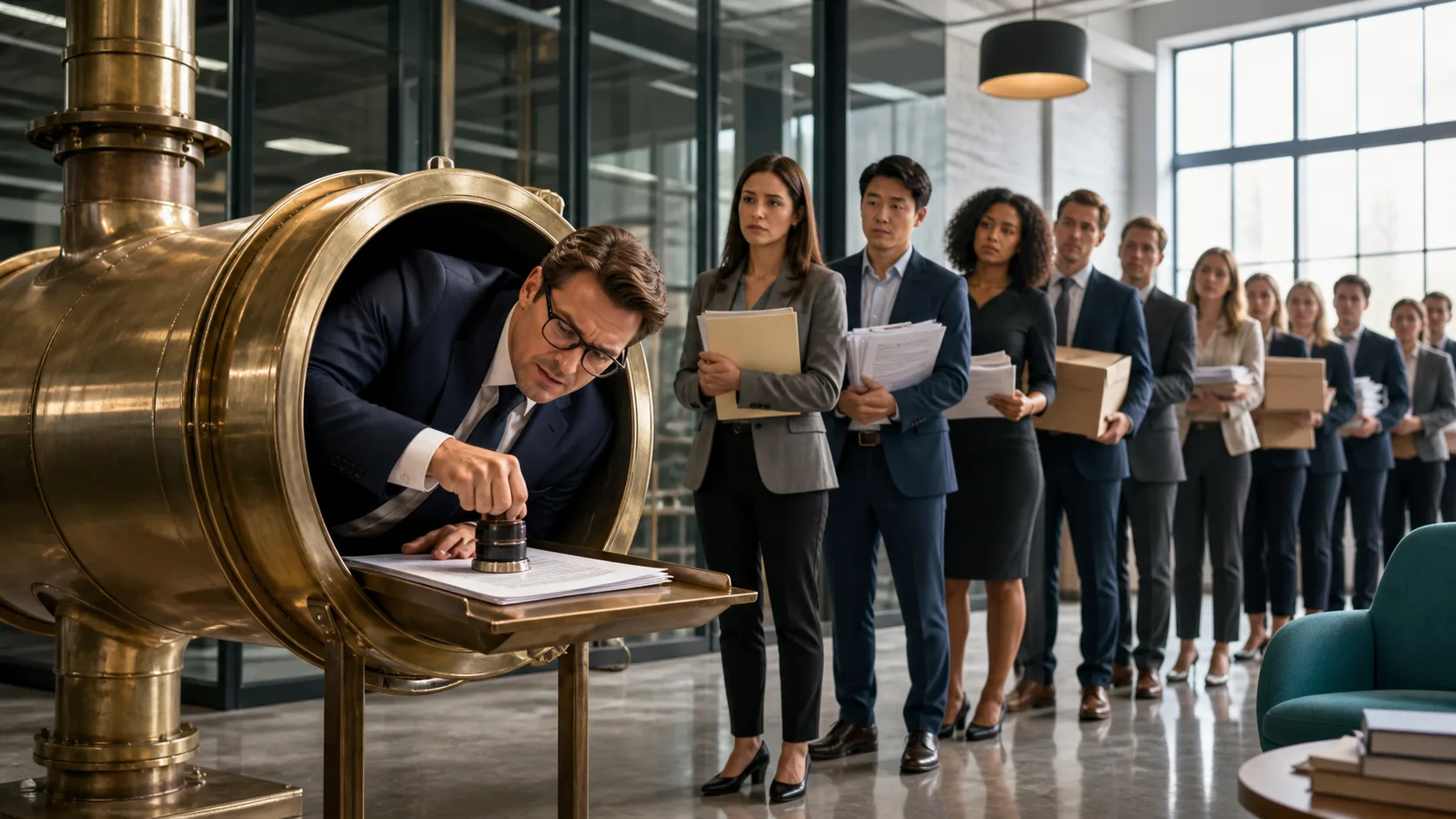 A founder wedged inside a workflow pipe stamps every document while his capable team waits behind him.