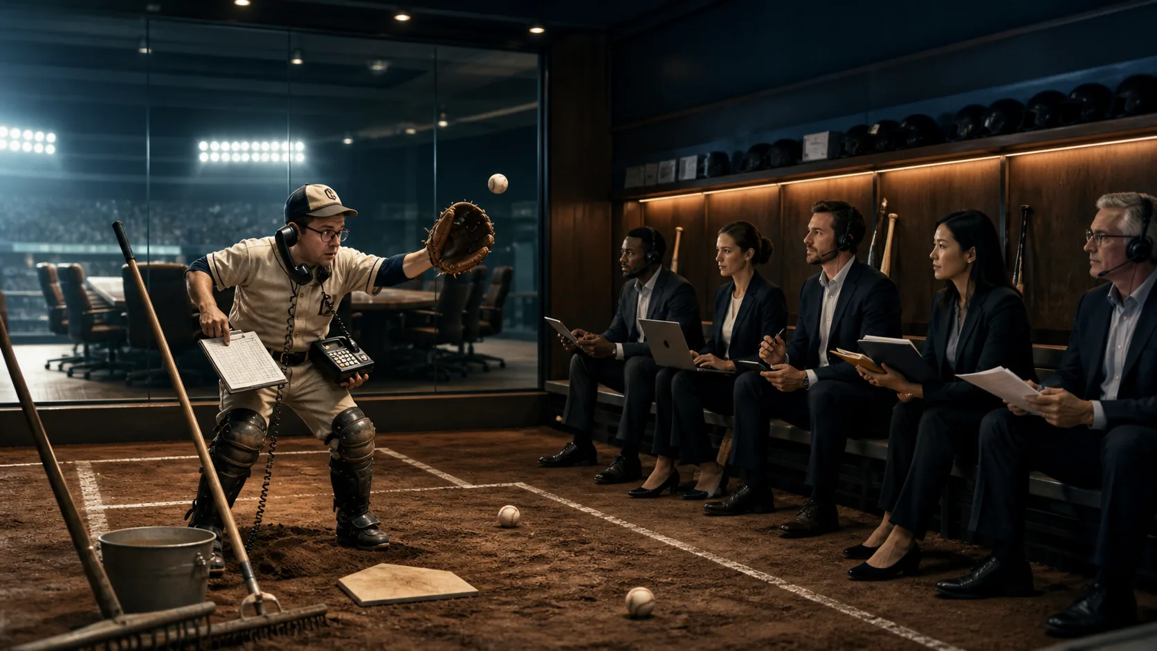 A small-business executive tries to play every baseball position while a professional operations team waits ready in the dugout.