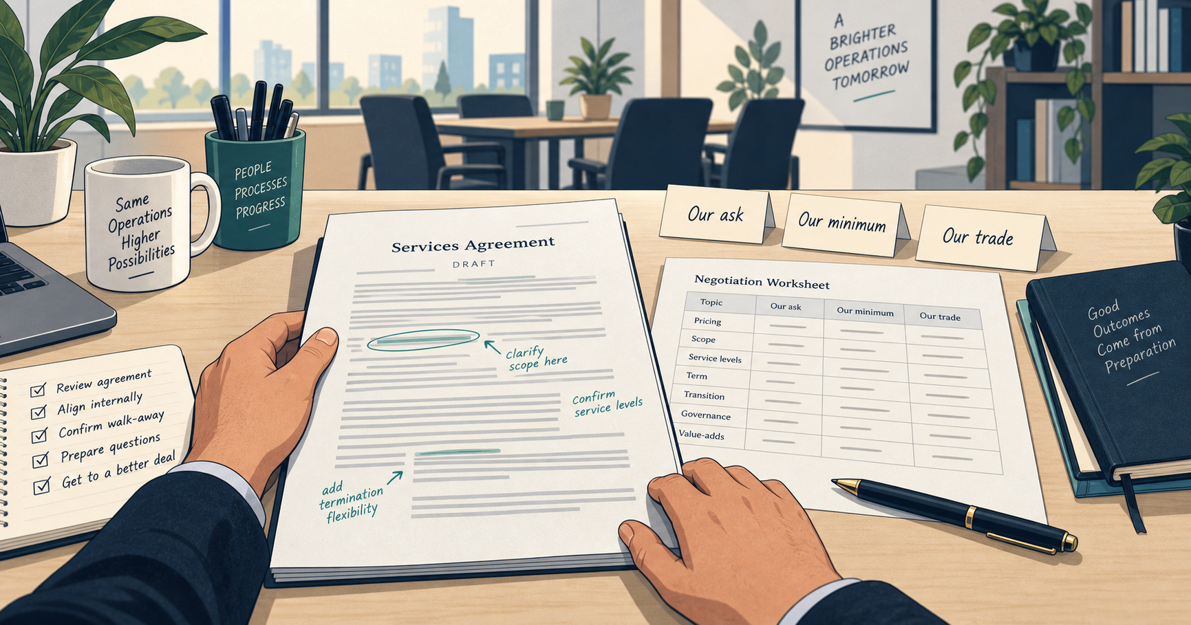 Illustration of a buyer reviewing a draft services agreement beside a negotiation worksheet and cards for our ask, our minimum and our trade.