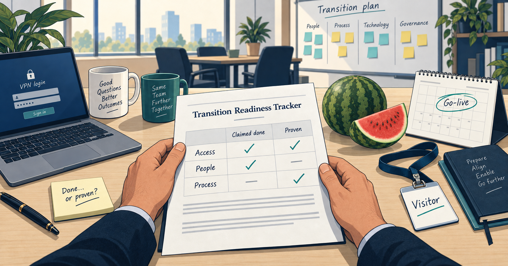 Illustration of a buyer holding a Transition Readiness Tracker with Claimed done and Proven columns, beside a VPN login screen, a visitor badge, a watermelon and a calendar with go-live circled.