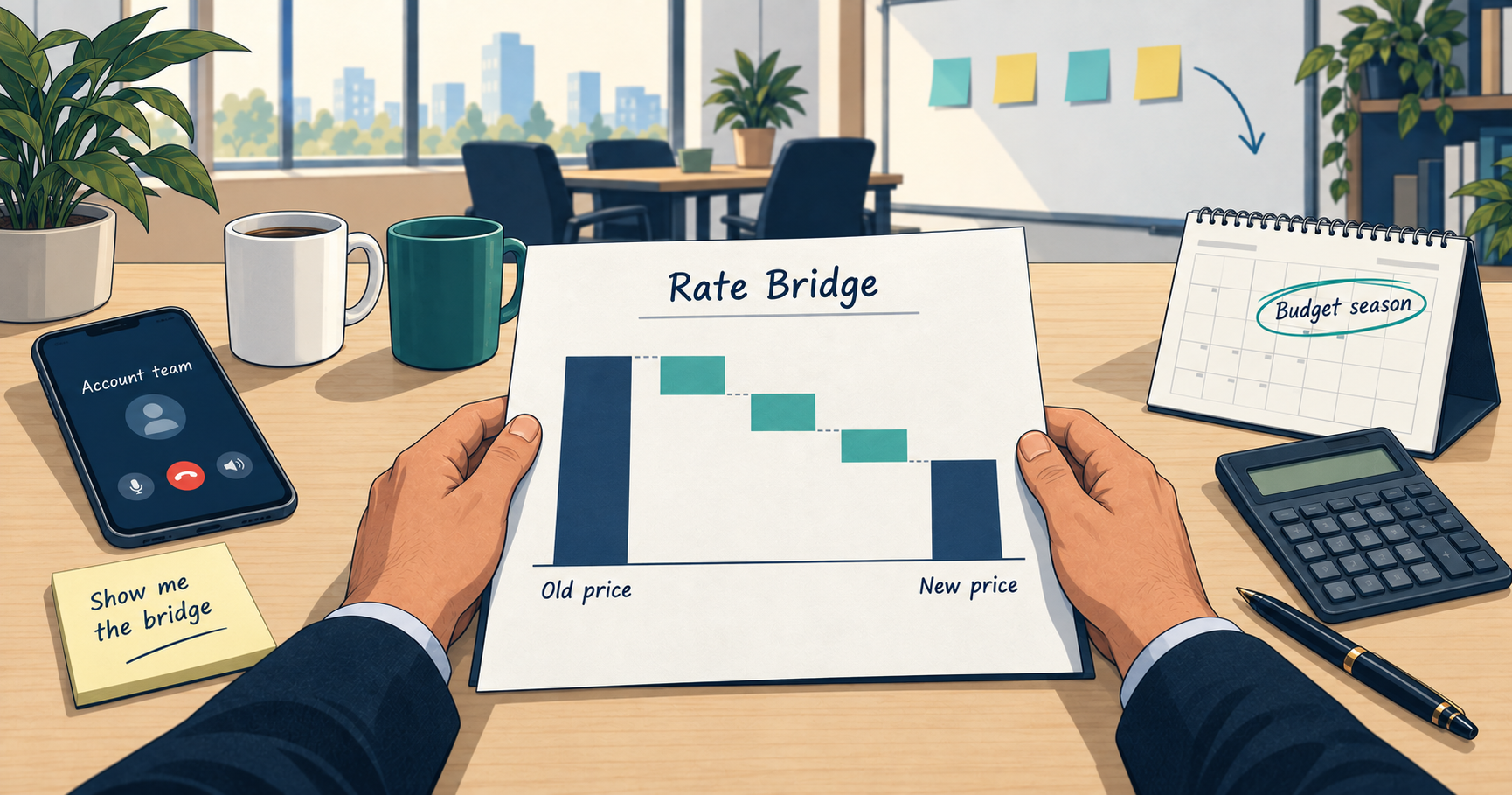 Illustration of a buyer holding a Rate Bridge chart that steps down from the old price to the new price, beside a phone on a call with the account team, a sticky note that says show me the bridge, and a calendar with budget season circled.