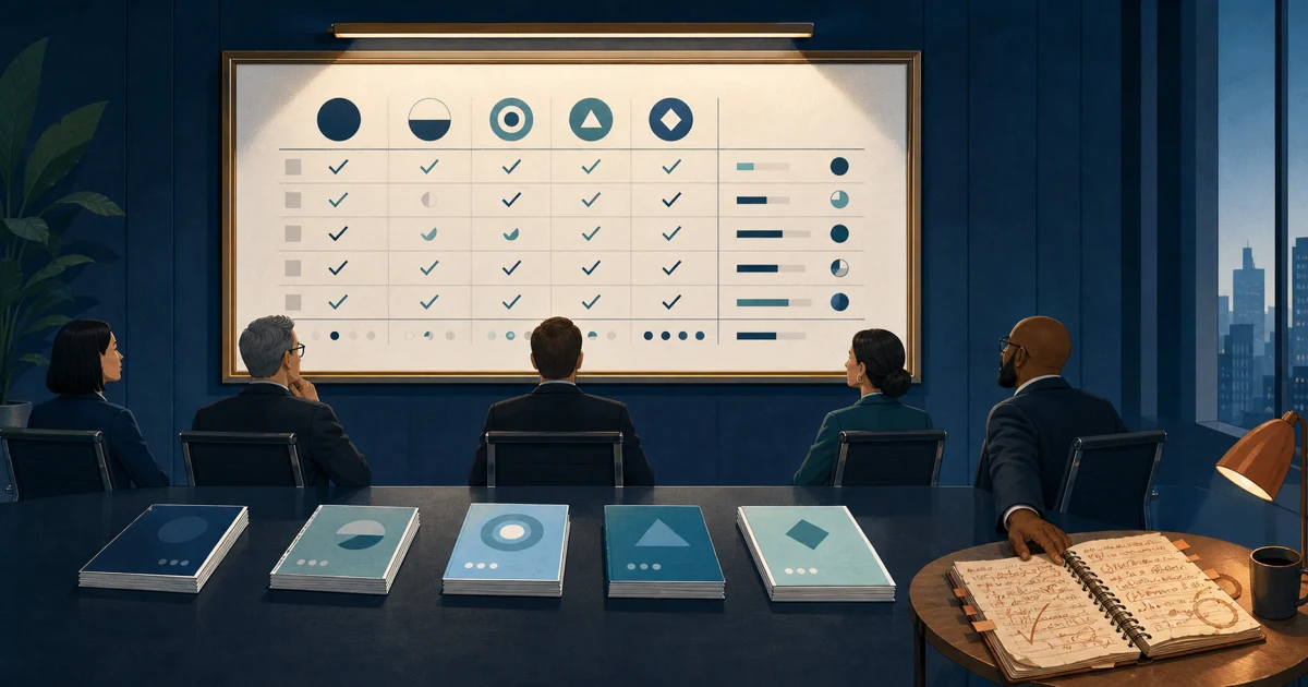 A buyer evaluation team reviews five RFP proposals while the written scoring record remains visible beside them.