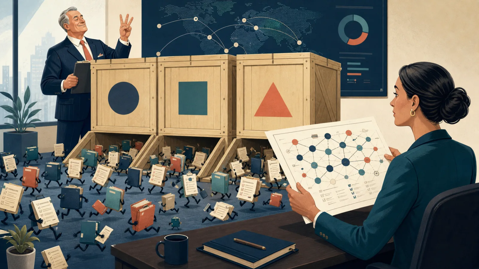 A confident executive counts three giant vendor crates while dozens of tiny engagement documents escape underneath and an operations leader studies the engagement map.
